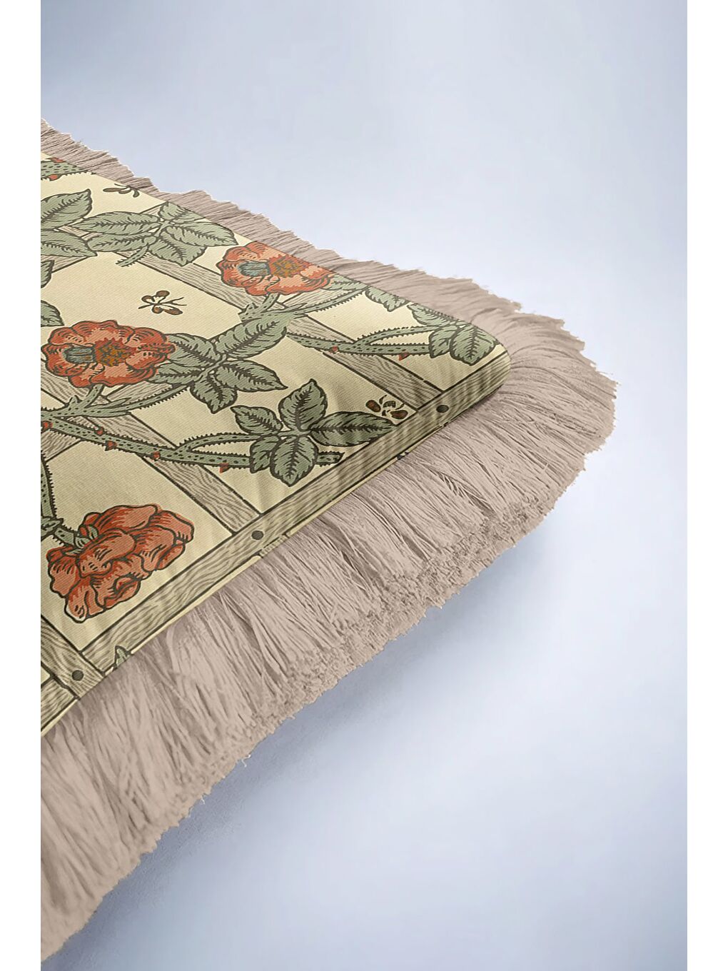 Karışık Vintage Kuşlu Çiçekli Saçaklı Yastık Kılıfı - Doğa Temalı Klasik Yeşil Püsküllü Kırlent Kılıfı-6