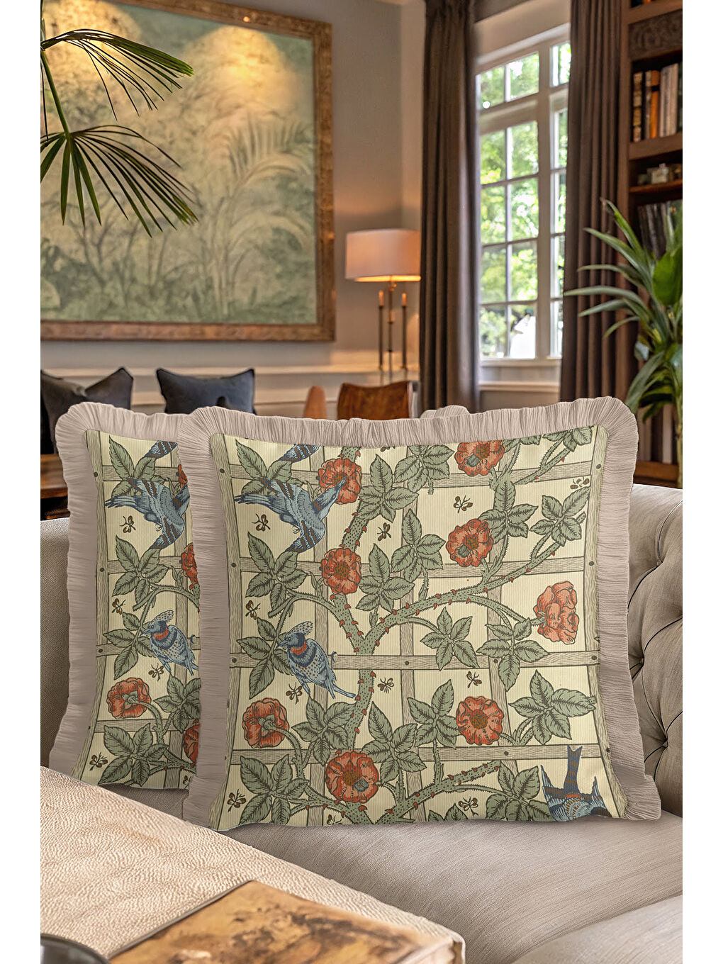 Karışık Vintage Kuşlu Çiçekli Saçaklı Yastık Kılıfı - Doğa Temalı Klasik Yeşil Püsküllü Kırlent Kılıfı-7