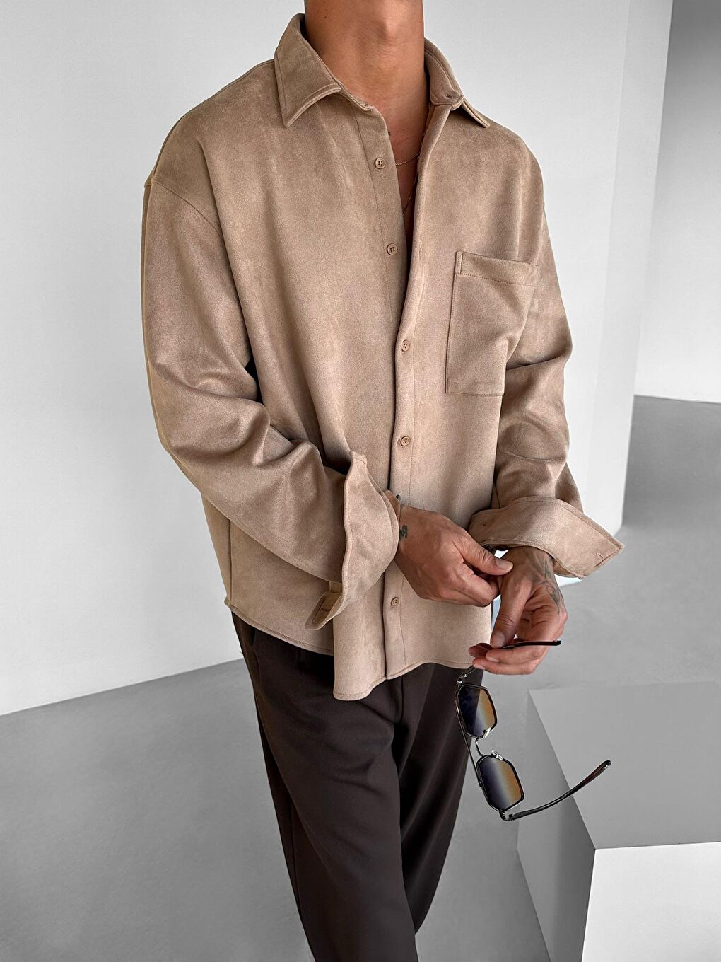 Erkek Oversize Süet Gömlek  Bej