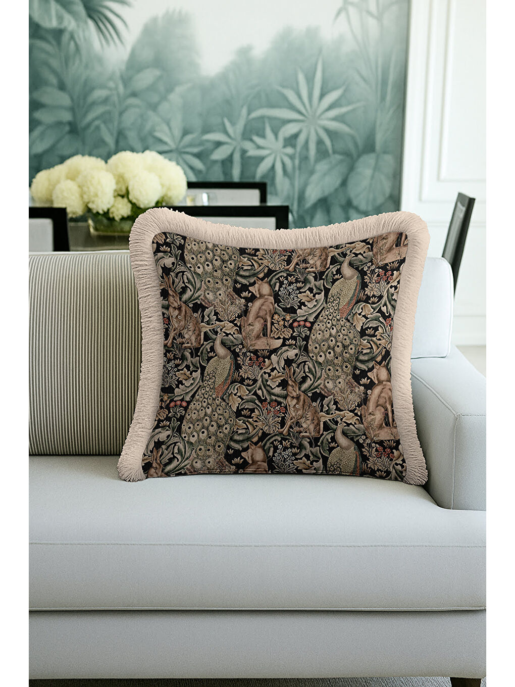 Karışık Lüks Orman Vintage Saçaklı Yastık Kılıfı - Zarif Bohem Doğal Siyah Püsküllü Kırlent Kılıfı-1
