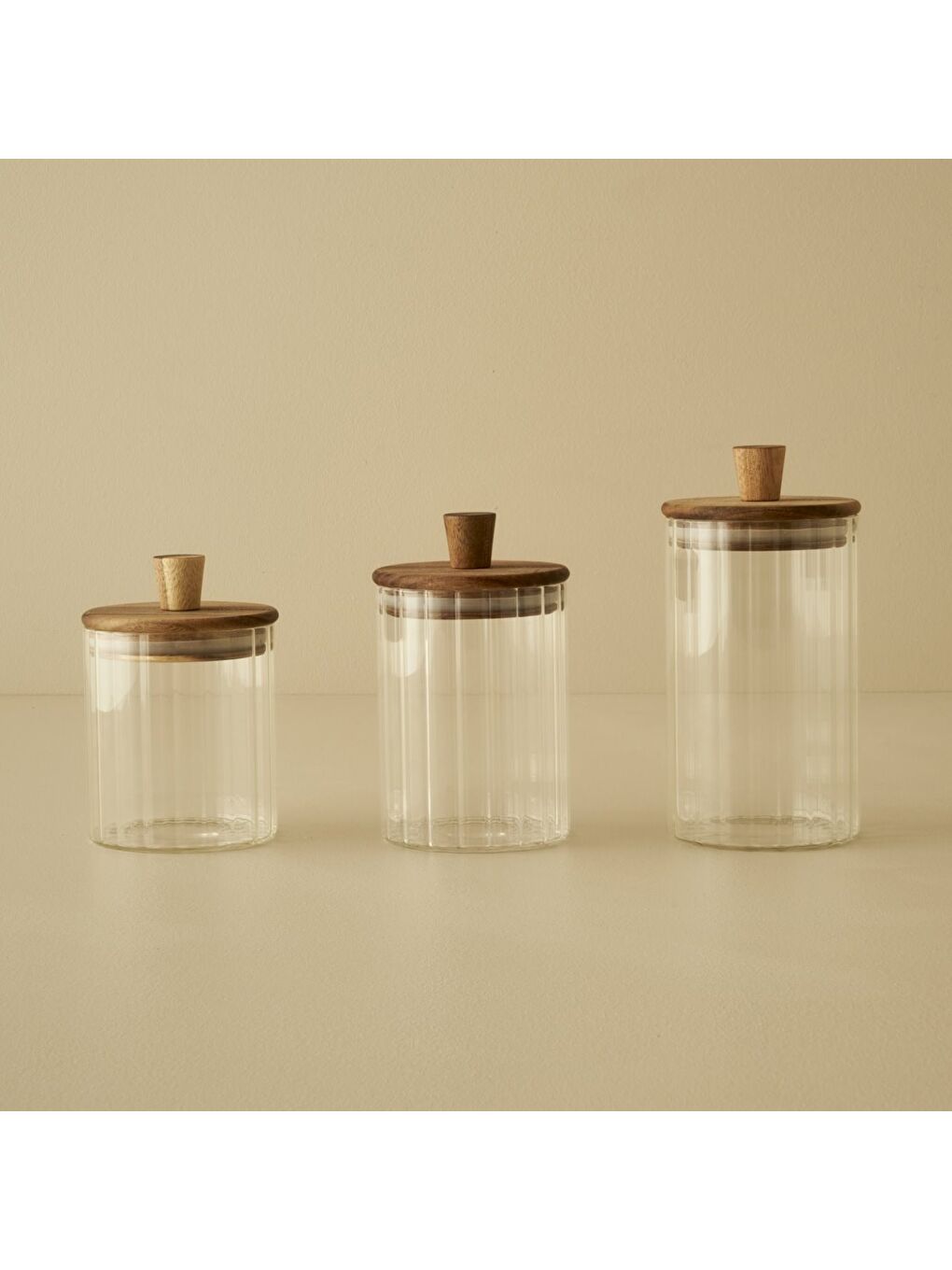 Bej Beatrice Ahşap Kapaklı 3'lü Kavanoz Seti Naturel