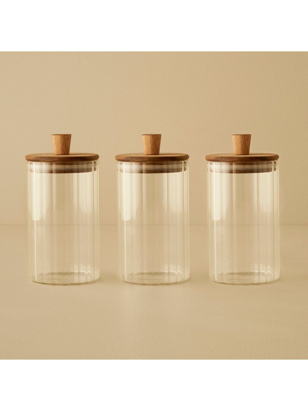 Bej Beatrice Ahşap Kapaklı 3'lü Kavanoz Seti Naturel (730 cc)