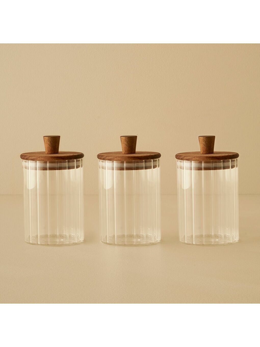Bej Beatrice Ahşap Kapaklı 3'lü Kavanoz Seti Naturel (580 cc)