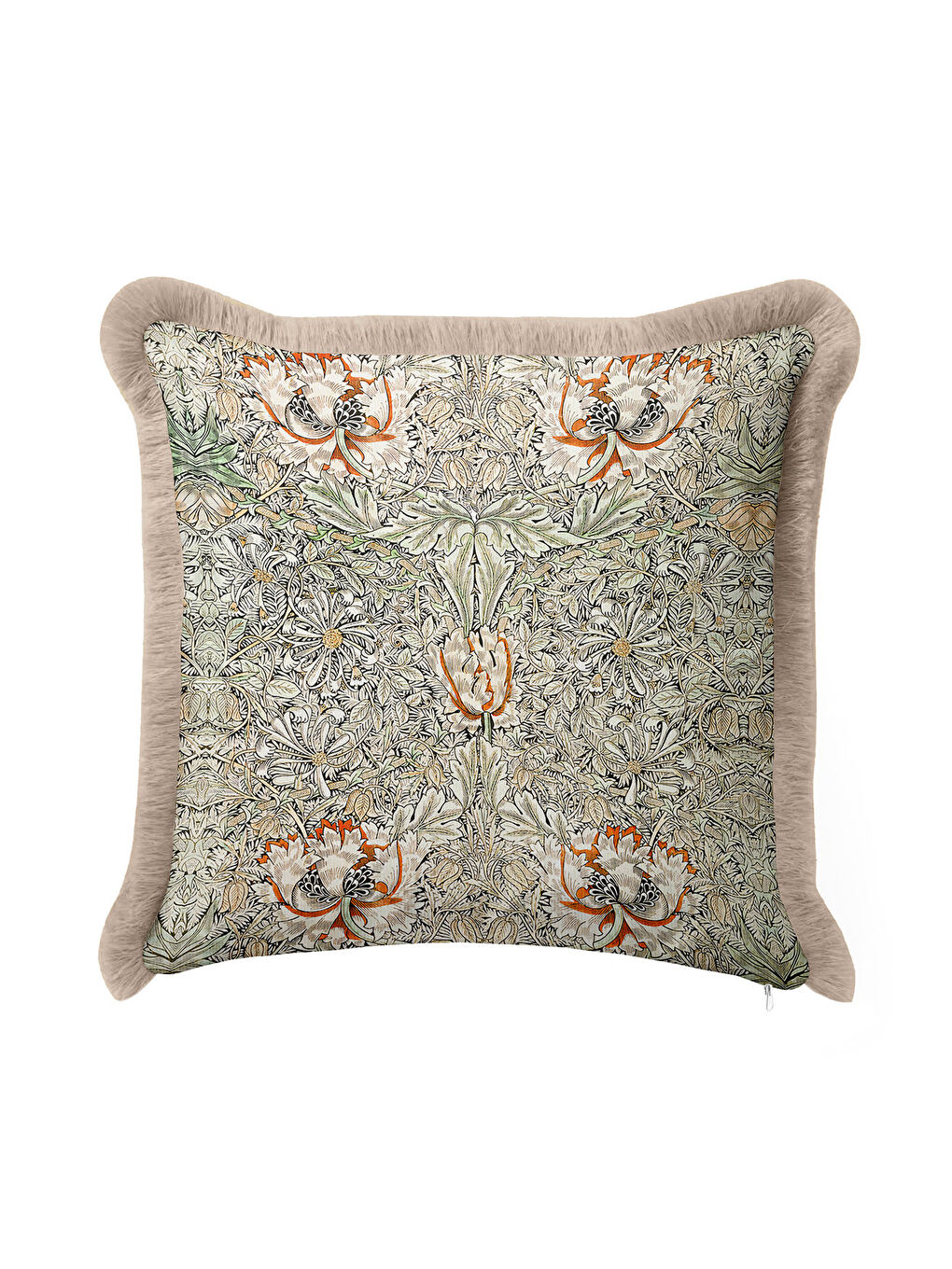 Karışık Lüks Çiçek Motifli Saçaklı Yastık Kılıfı - Vintage Botanikal Bej Yeşil Püsküllü Kırlent Kılıfı