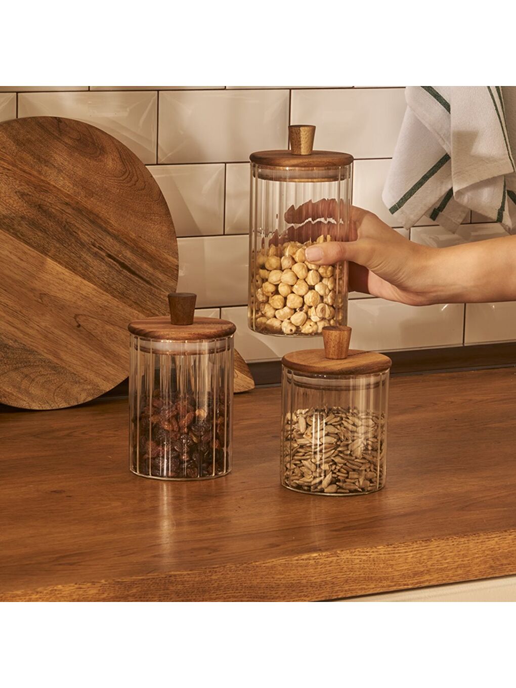 Bej Beatrice Ahşap Kapaklı 3'lü Kavanoz Seti Naturel-5