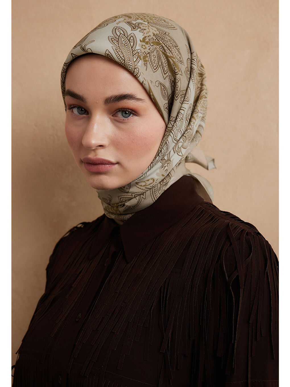 Darıa Desen Pamuk İpek Eşarp Kum Beji-2