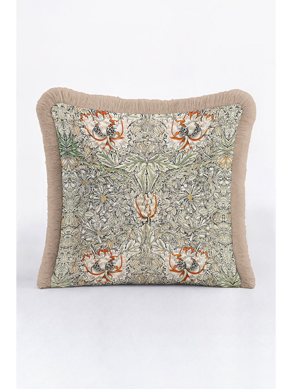 Karışık Lüks Çiçek Motifli Saçaklı Yastık Kılıfı - Vintage Botanikal Bej Yeşil Püsküllü Kırlent Kılıfı-1