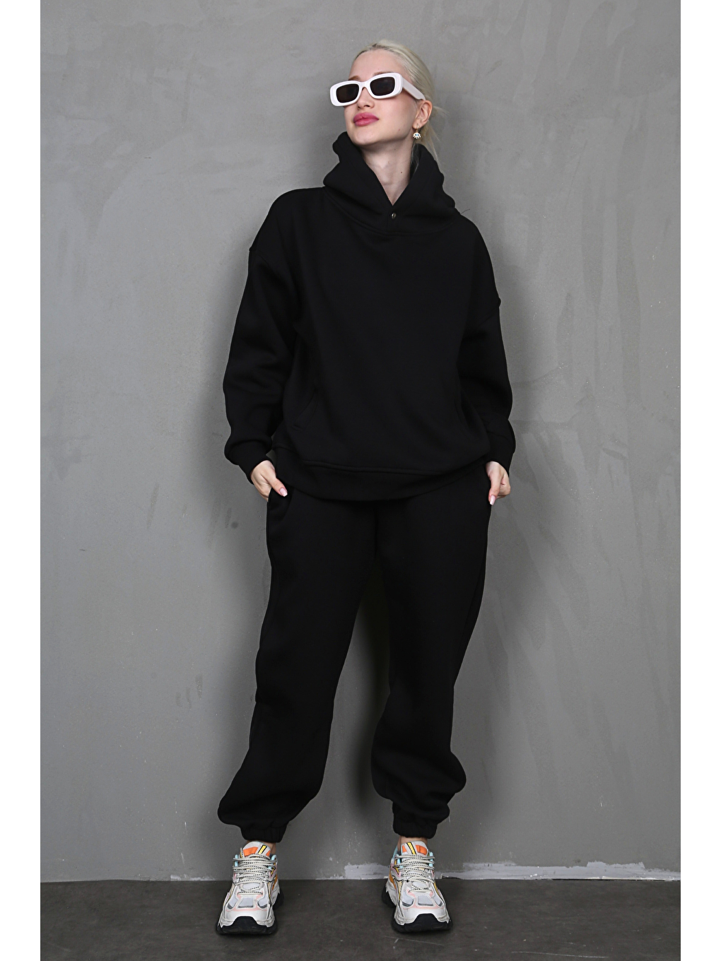 Siyah Kapüşonlu Oversize Kadın Eşofman Takım Mg1905-1