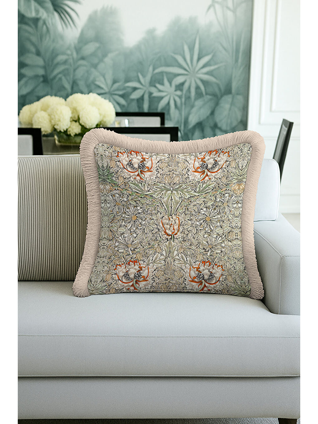 Karışık Lüks Çiçek Motifli Saçaklı Yastık Kılıfı - Vintage Botanikal Bej Yeşil Püsküllü Kırlent Kılıfı-2