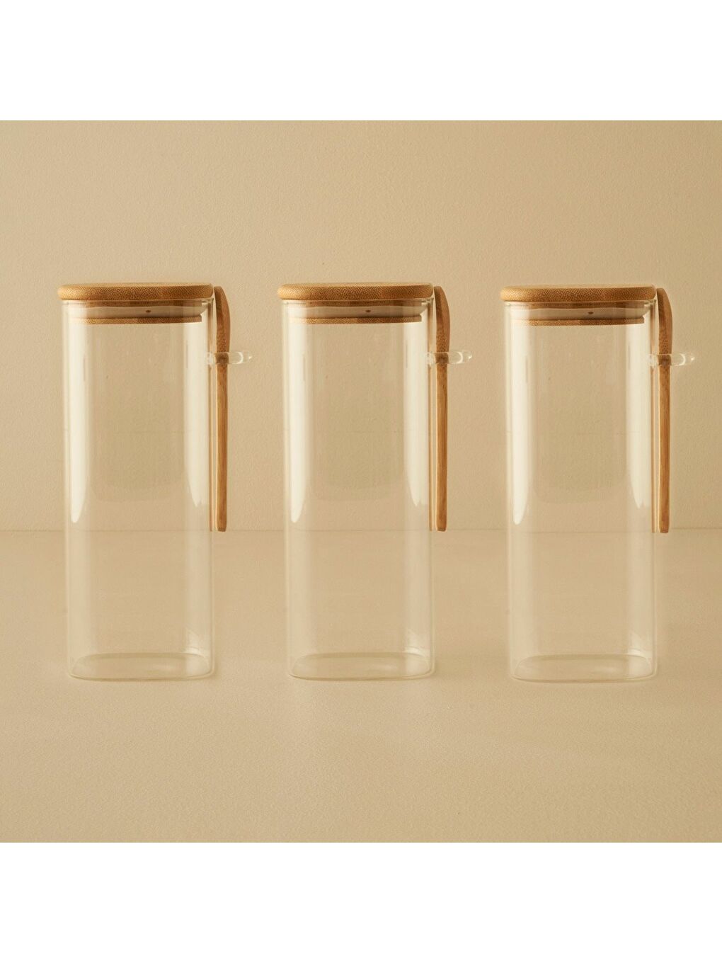 Bej Alice Bambu Kapaklı 3'lü Kavanoz Seti Naturel (1000 cc)