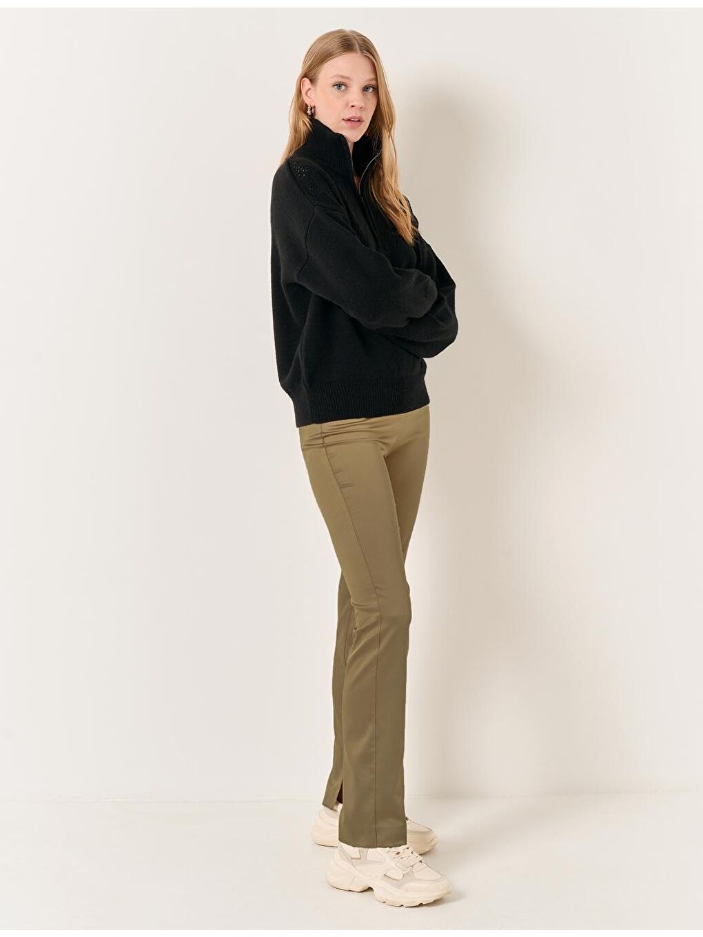 Yağ Yeşili Yüksek Bel Düz Paça Saten Pantolon-3