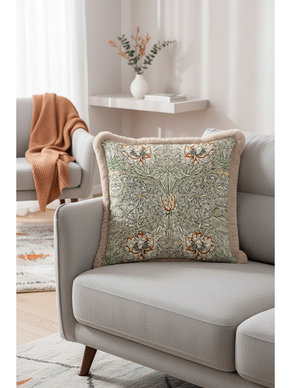 Karışık Lüks Çiçek Motifli Saçaklı Yastık Kılıfı - Vintage Botanikal Bej Yeşil Püsküllü Kırlent Kılıfı-4