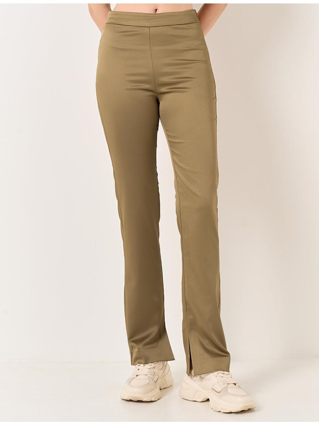 Yağ Yeşili Yüksek Bel Düz Paça Saten Pantolon-4