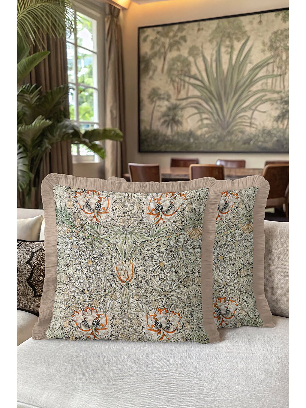 Karışık Lüks Çiçek Motifli Saçaklı Yastık Kılıfı - Vintage Botanikal Bej Yeşil Püsküllü Kırlent Kılıfı-5