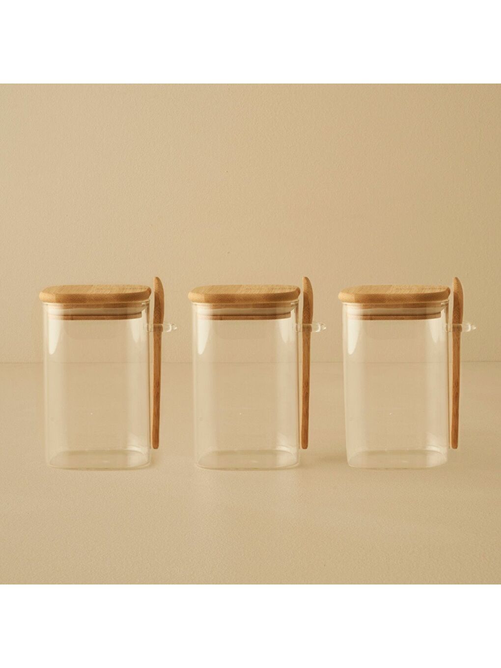 Bej Alice Bambu Kapaklı 3'lü Kavanoz Seti Naturel (500 cc)