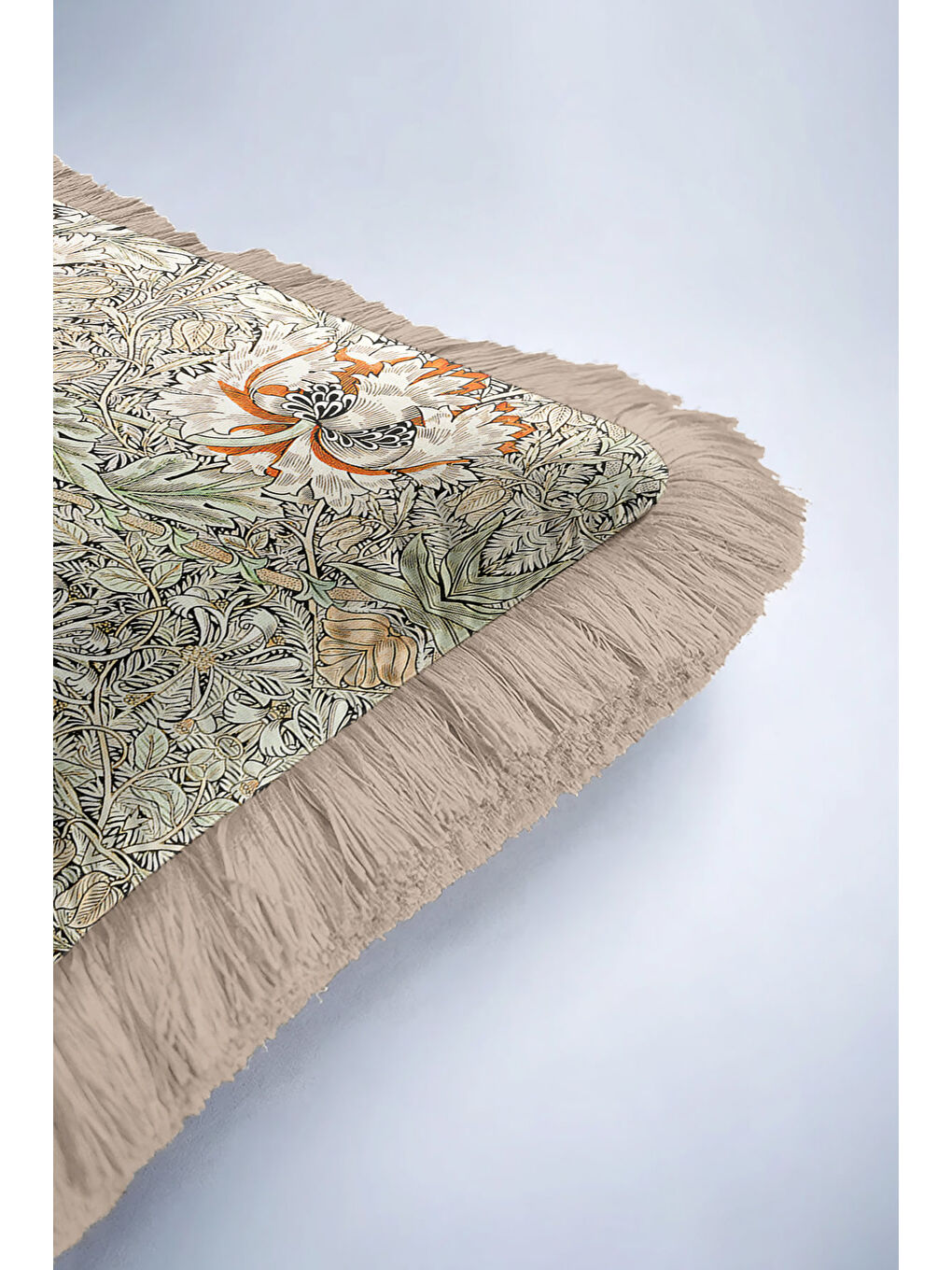 Karışık Lüks Çiçek Motifli Saçaklı Yastık Kılıfı - Vintage Botanikal Bej Yeşil Püsküllü Kırlent Kılıfı-6