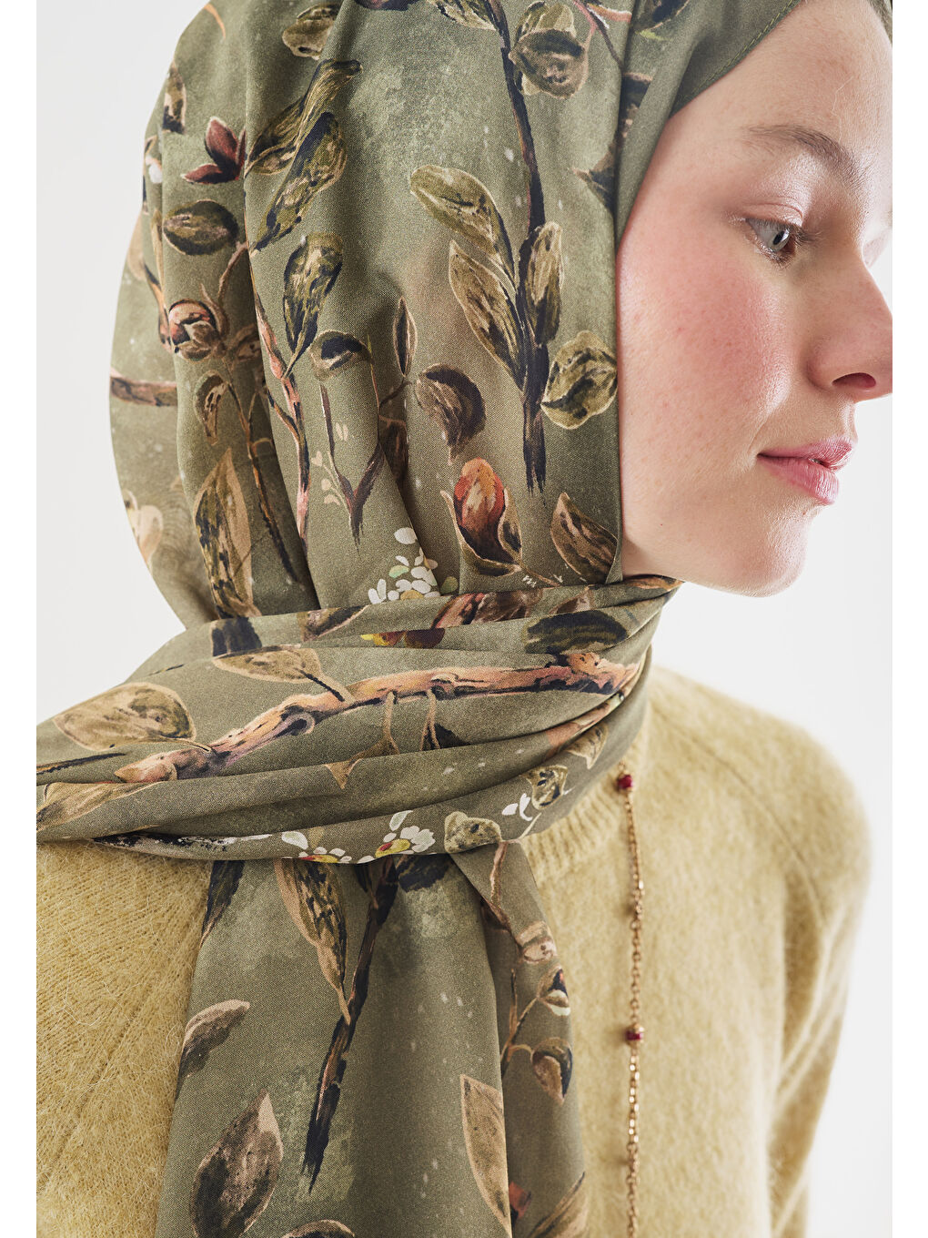 Yeşil Çağla Flower Raın Desenli Pamuk Viskon Şal-3