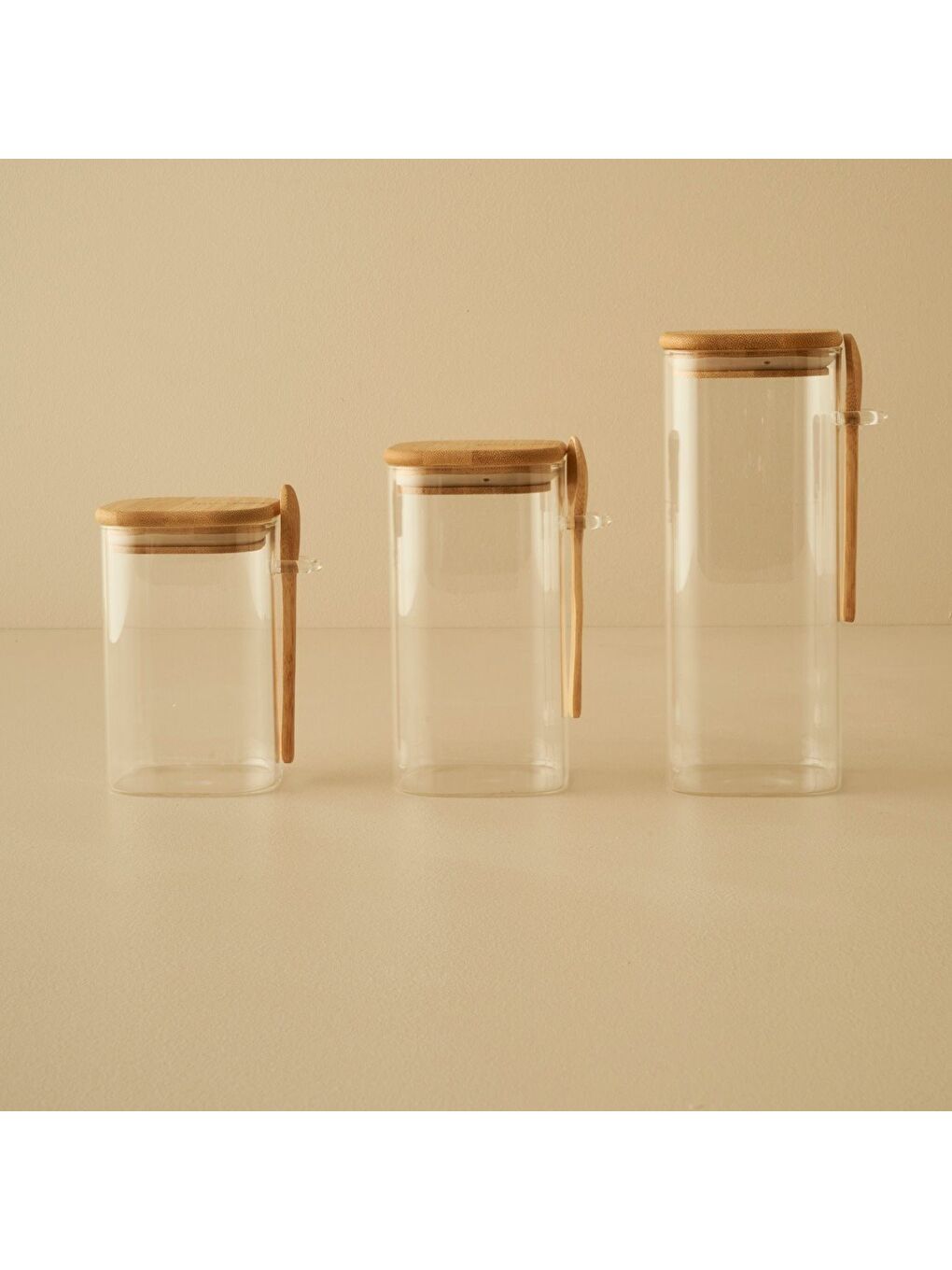 Bej Alice Bambu Kapaklı 3'lü Kavanoz Seti Naturel