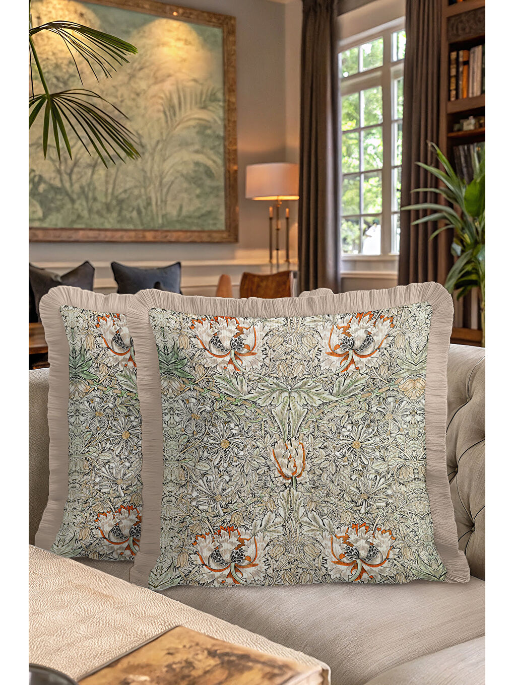 Karışık Lüks Çiçek Motifli Saçaklı Yastık Kılıfı - Vintage Botanikal Bej Yeşil Püsküllü Kırlent Kılıfı-7