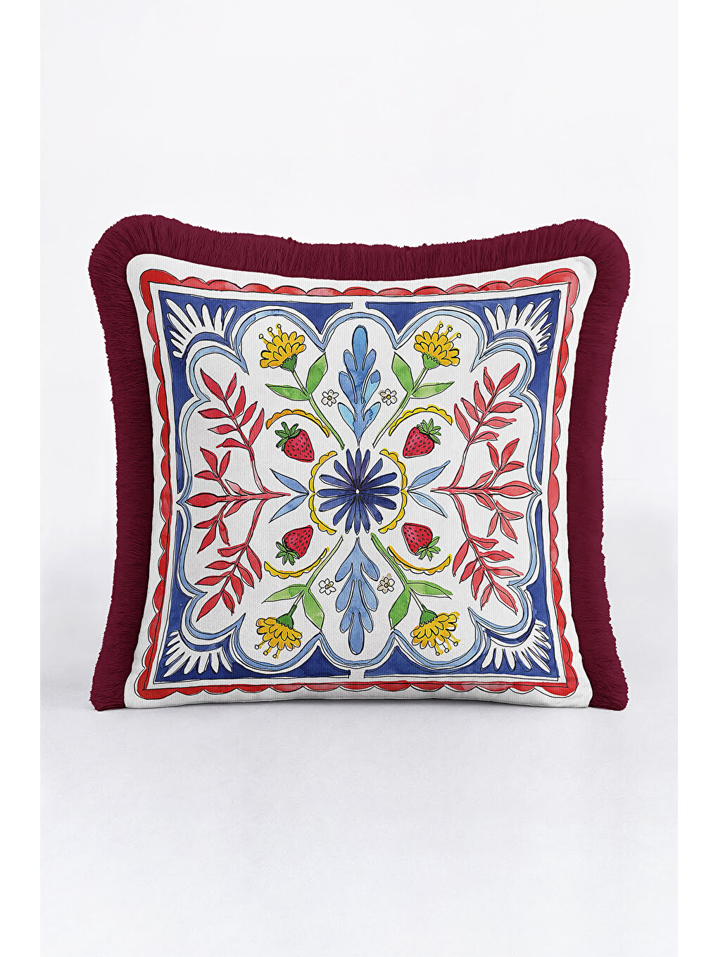 Karışık Osmanlı Motifli Saçaklı Yastık Kılıfı - Çilek Figürlü Bohem Mavi Sarı Bordo Püsküllü Kırlent Kılıfı