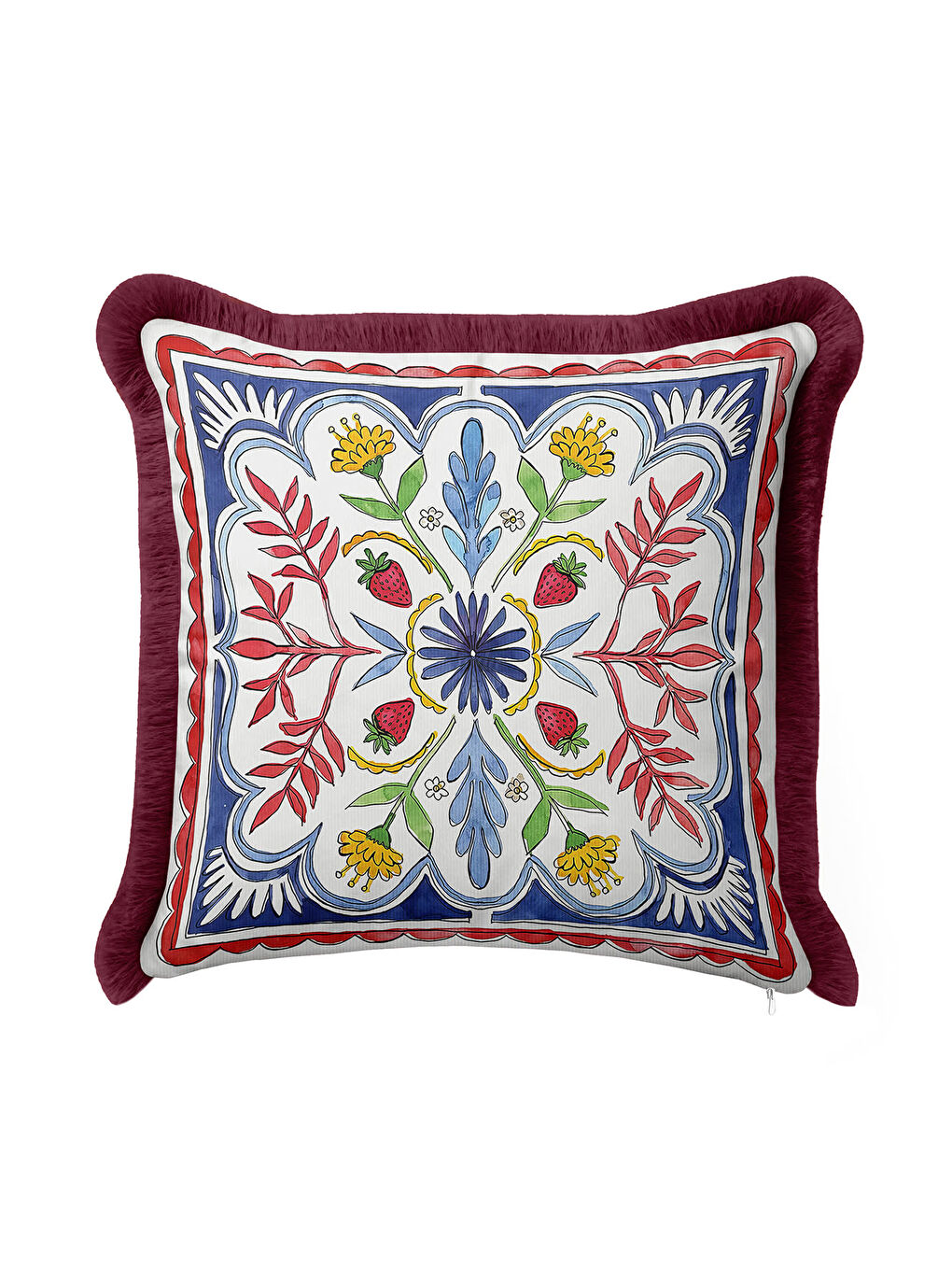 Karışık Osmanlı Motifli Saçaklı Yastık Kılıfı - Çilek Figürlü Bohem Mavi Sarı Bordo Püsküllü Kırlent Kılıfı-1