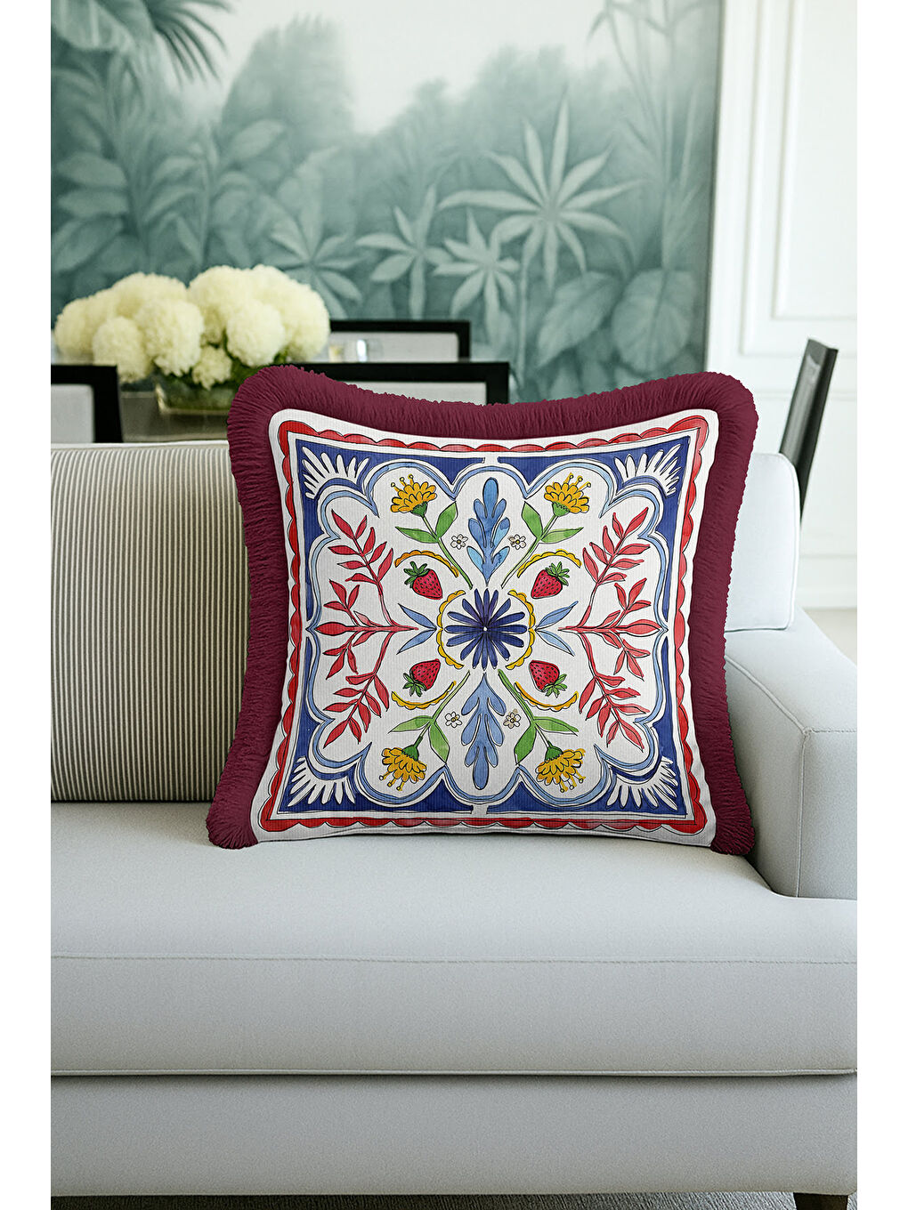 Karışık Osmanlı Motifli Saçaklı Yastık Kılıfı - Çilek Figürlü Bohem Mavi Sarı Bordo Püsküllü Kırlent Kılıfı-3