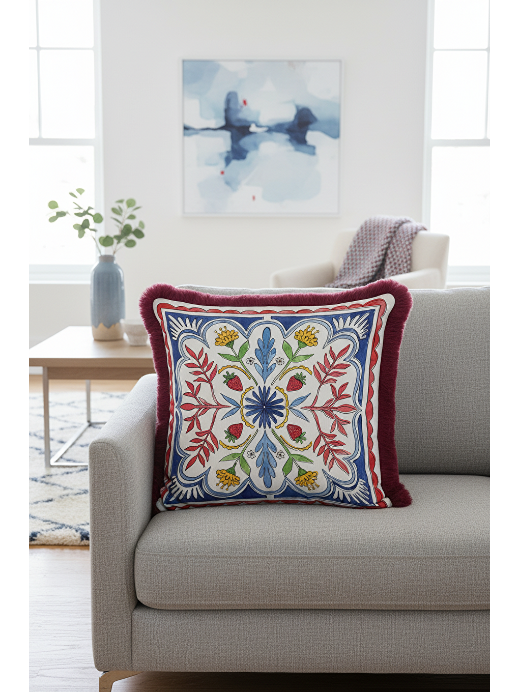 Karışık Osmanlı Motifli Saçaklı Yastık Kılıfı - Çilek Figürlü Bohem Mavi Sarı Bordo Püsküllü Kırlent Kılıfı-4