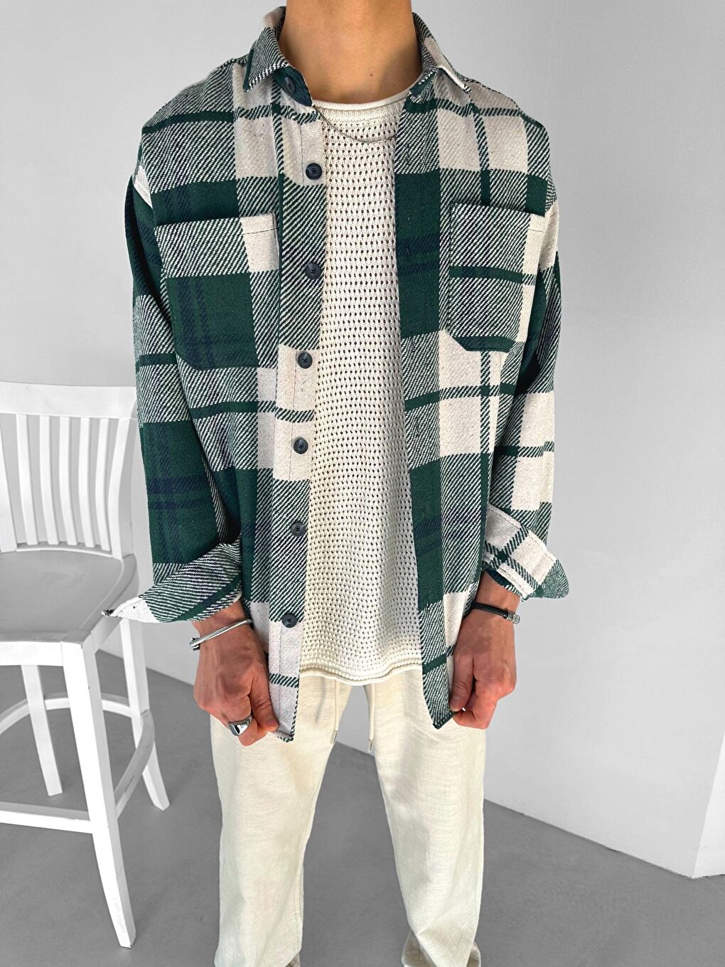 Erkek Oversize %100 Pamuk Oduncu Gömlek Haki Yeşil