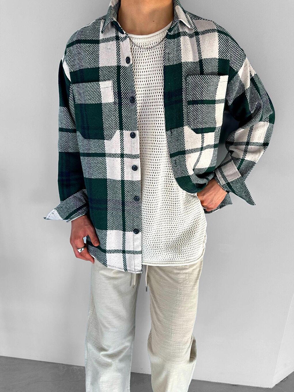 Erkek Oversize %100 Pamuk Oduncu Gömlek Haki Yeşil-1