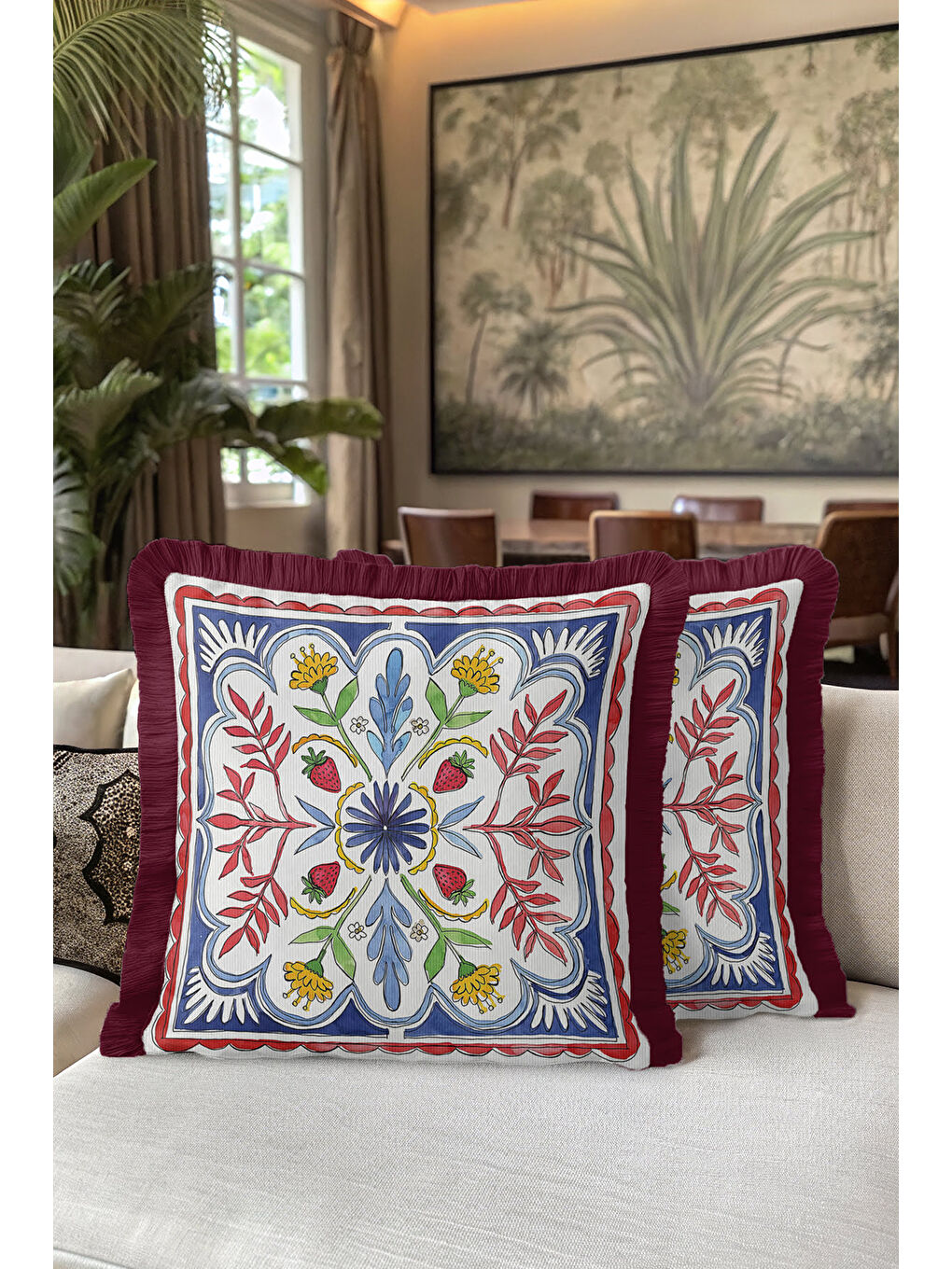 Karışık Osmanlı Motifli Saçaklı Yastık Kılıfı - Çilek Figürlü Bohem Mavi Sarı Bordo Püsküllü Kırlent Kılıfı-5