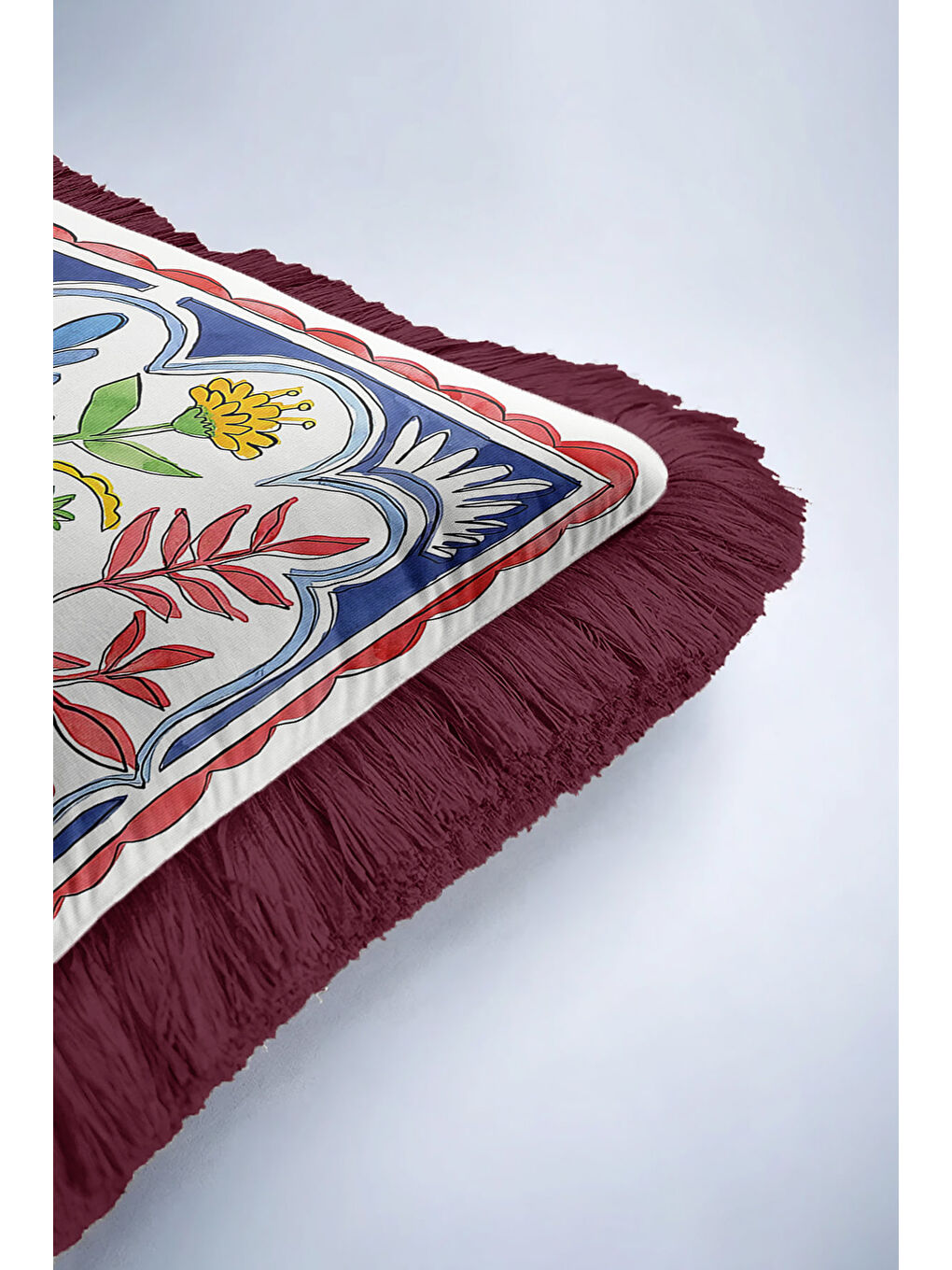 Karışık Osmanlı Motifli Saçaklı Yastık Kılıfı - Çilek Figürlü Bohem Mavi Sarı Bordo Püsküllü Kırlent Kılıfı-6