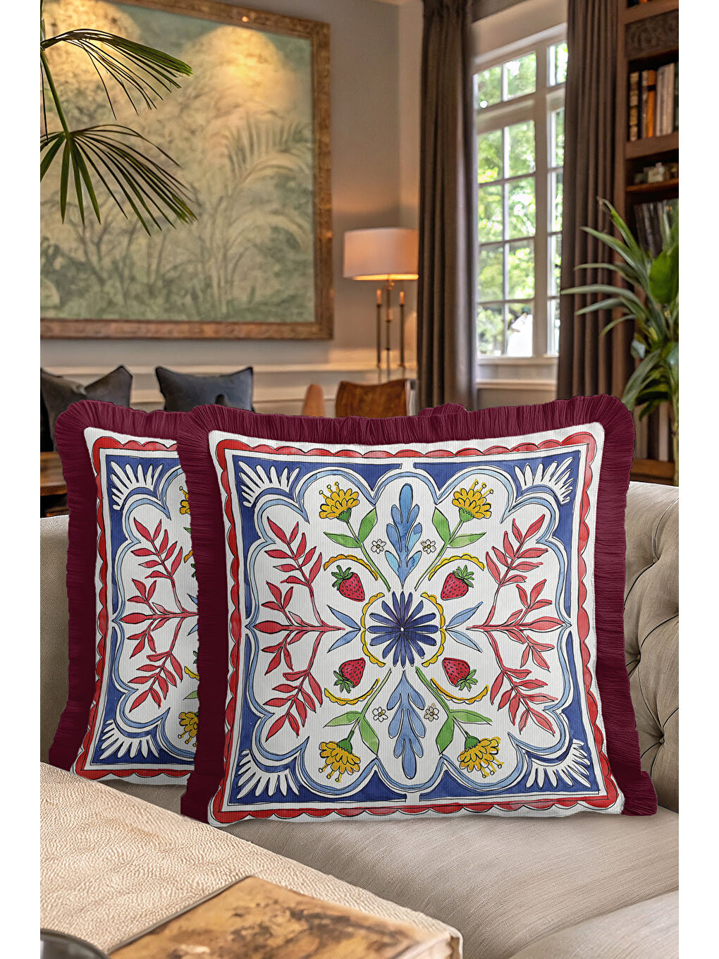 Karışık Osmanlı Motifli Saçaklı Yastık Kılıfı - Çilek Figürlü Bohem Mavi Sarı Bordo Püsküllü Kırlent Kılıfı-7