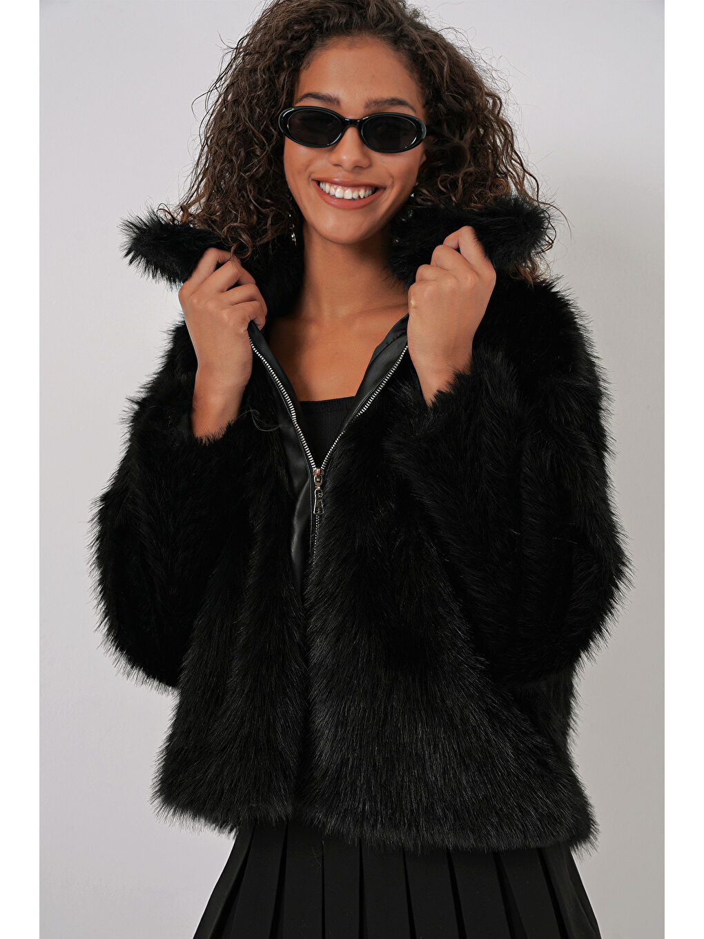 5204 Pelüş Kürk Mont   Siyah-3