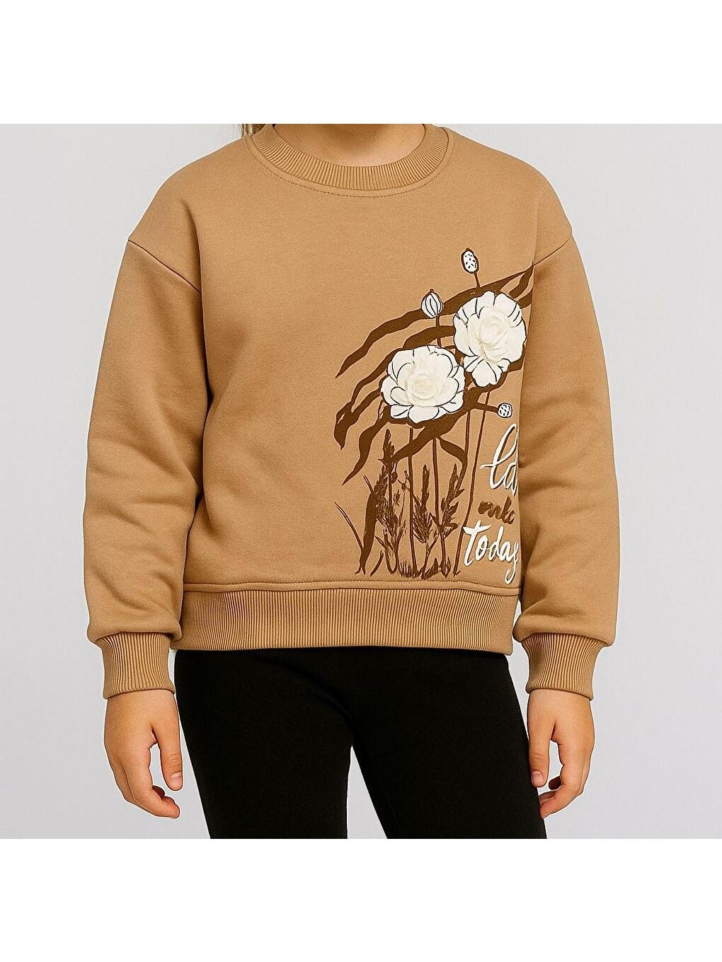 Bej Kız Çocuk Şardonlu Çiçek Detaylı Sweatshirt