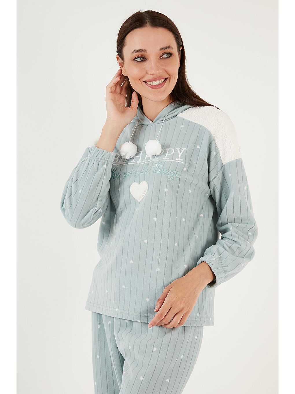 Lela Nane Yeşili Desenli Regular Fit Kapüşonlu Polar Pijama Takımı 6571002 - 2