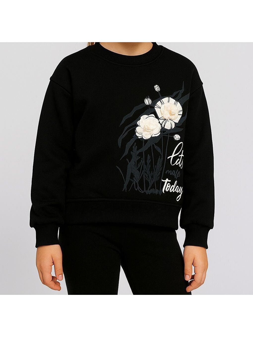 Siyah Kız Çocuk Şardonlu Çiçek Detaylı Sweatshirt