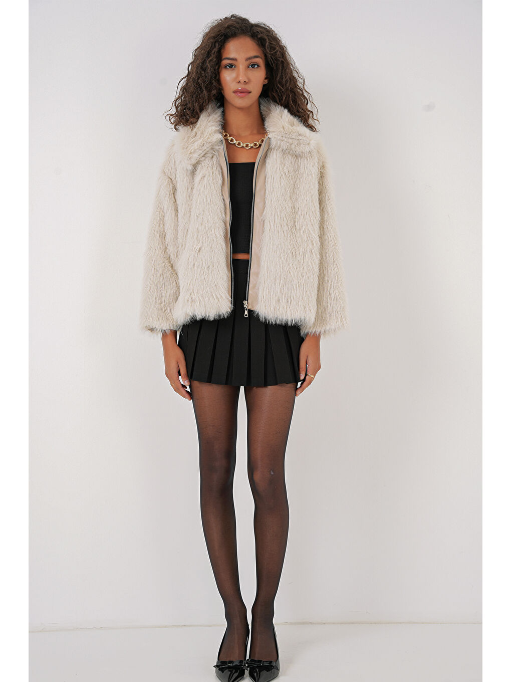 5204 Pelüş Kürk Mont   Ekru-1