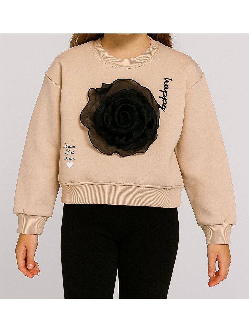 Bej Kız Çocuk Çiçek Akseuarlı Sweatshirt