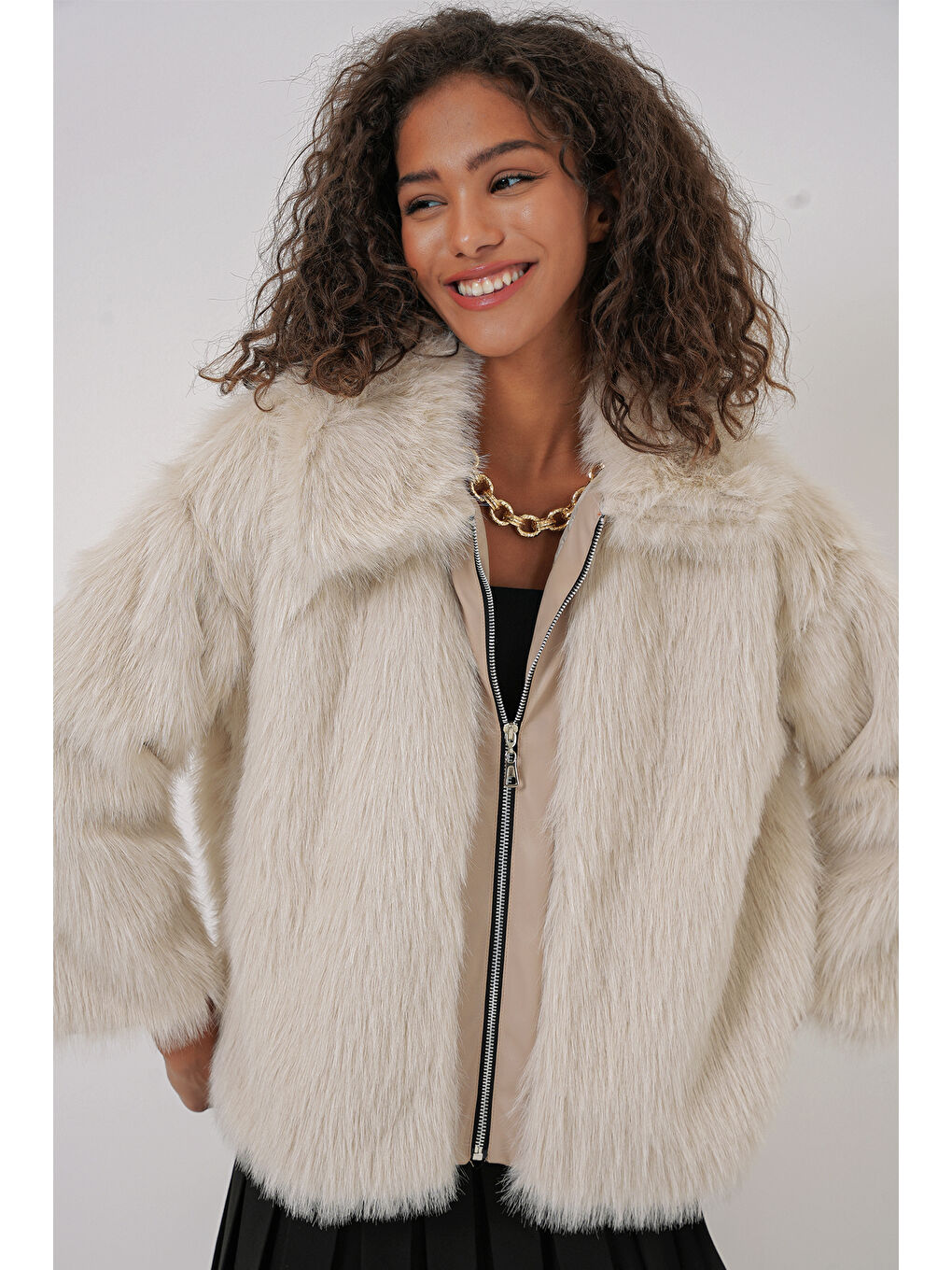 5204 Pelüş Kürk Mont   Ekru-3