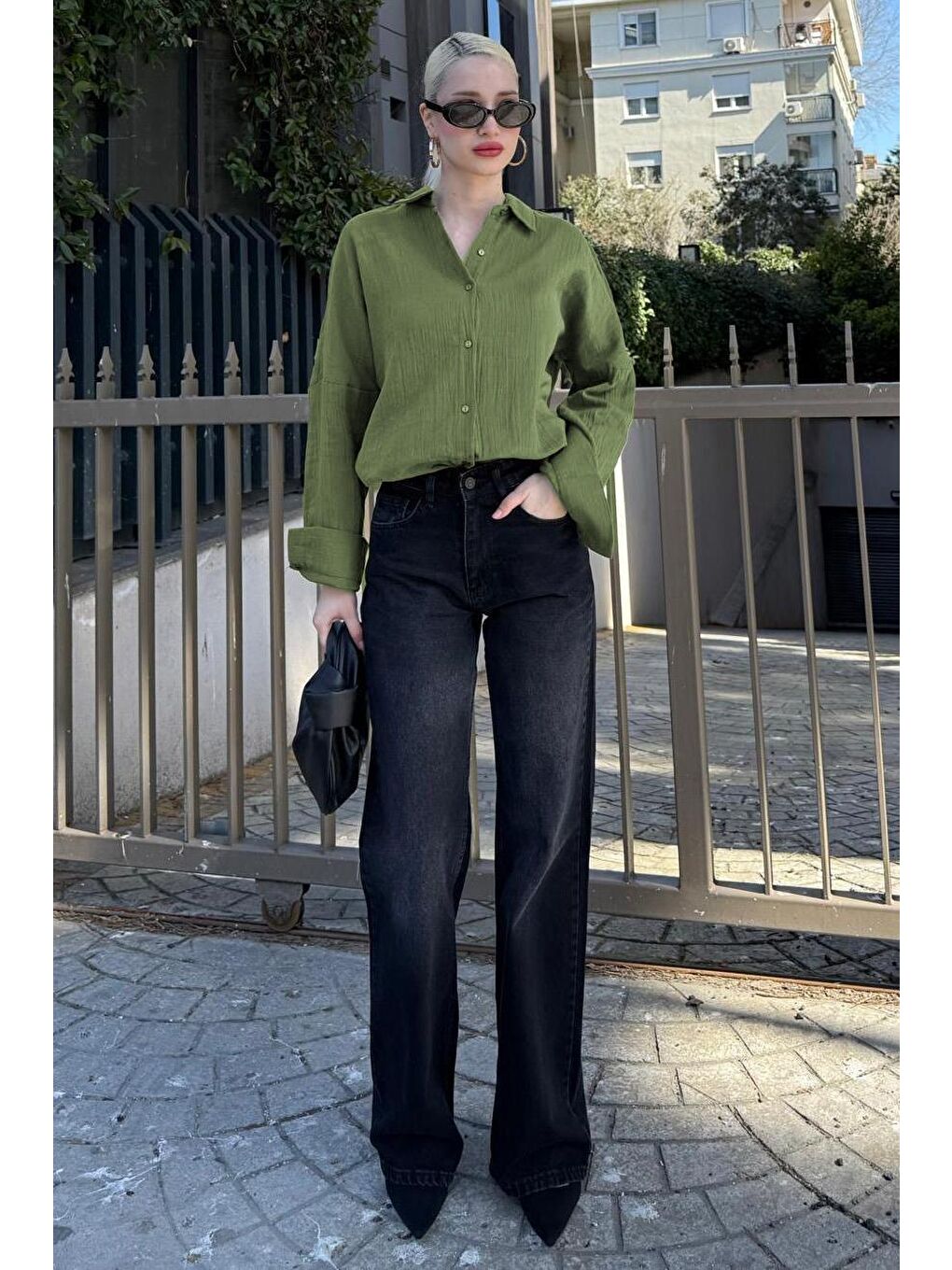 Yeşil Muslin Kumaş Basic Kadın Gömlek Mg1660