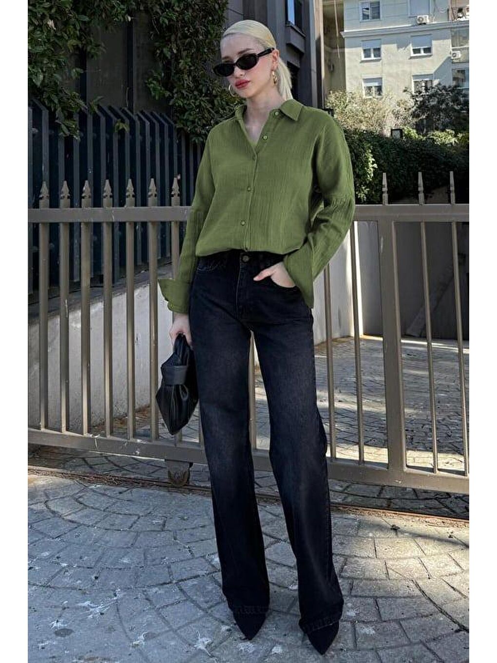 Yeşil Muslin Kumaş Basic Kadın Gömlek Mg1660-1