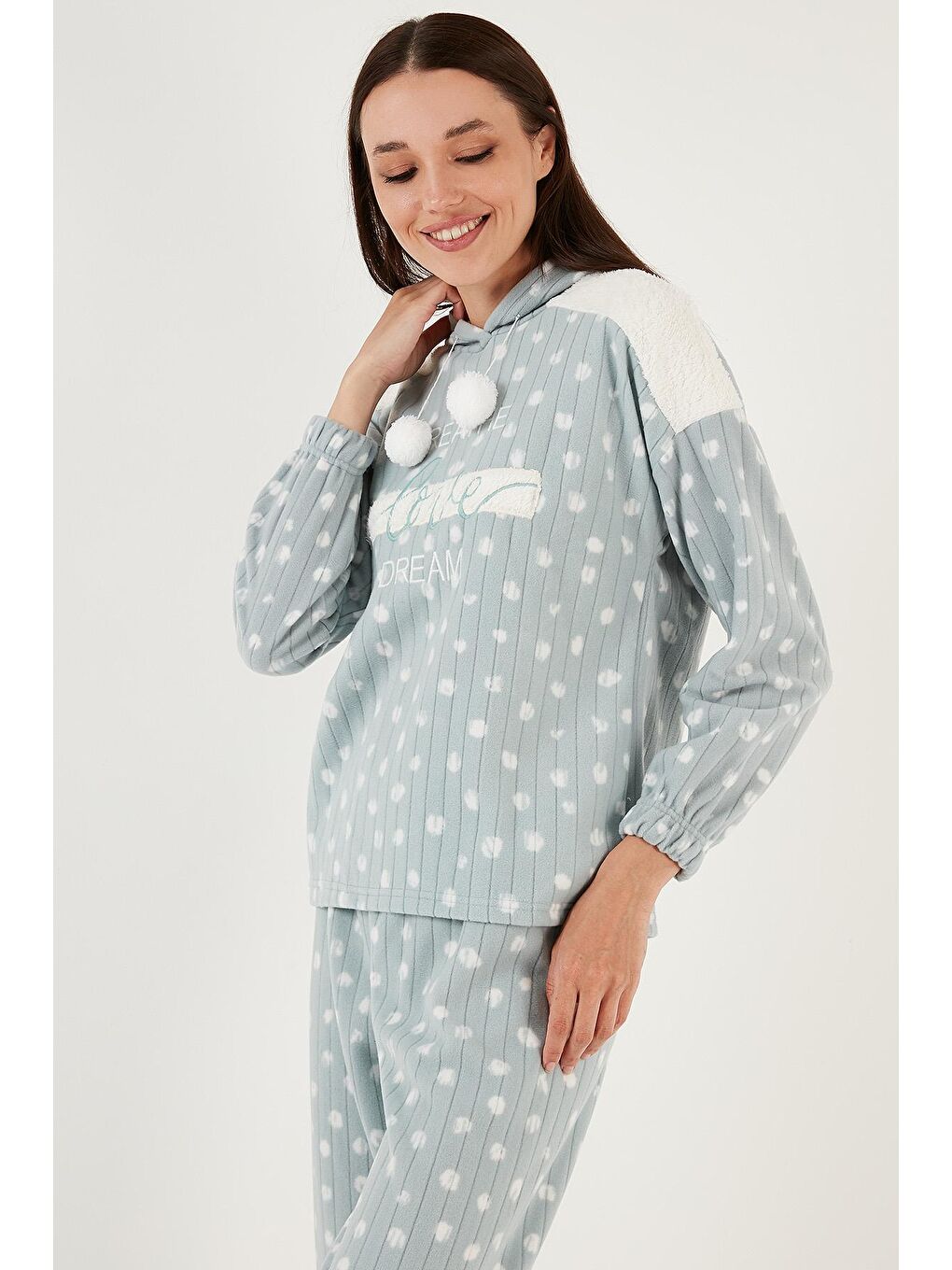 Lela Nane Yeşili Desenli Regular Fit Kapüşonlu Polar Pijama Takımı 6571001 - 2