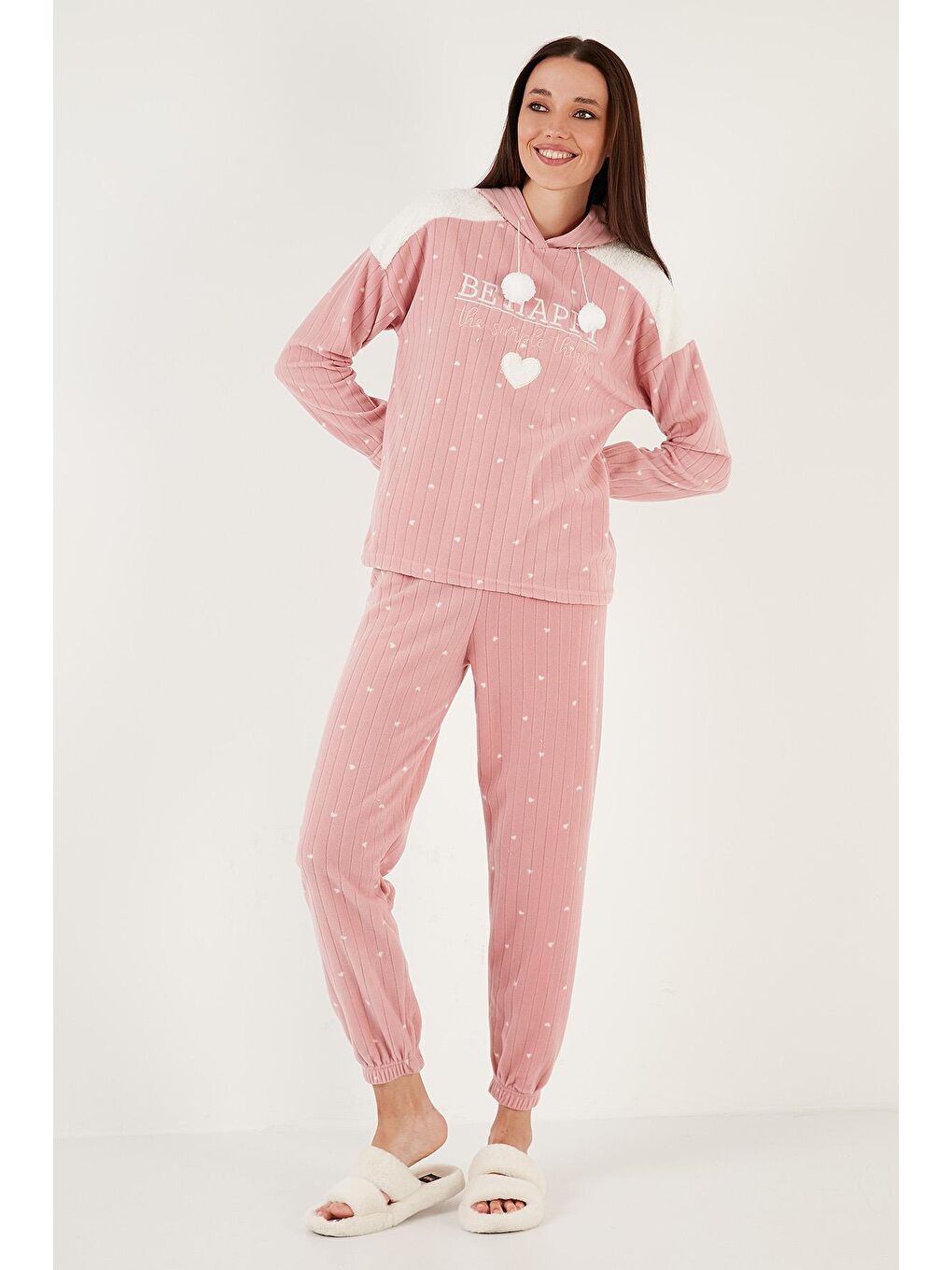 Lela Pudra Pembe Desenli Regular Fit Kapüşonlu Polar Pijama Takımı 6571002 - 1