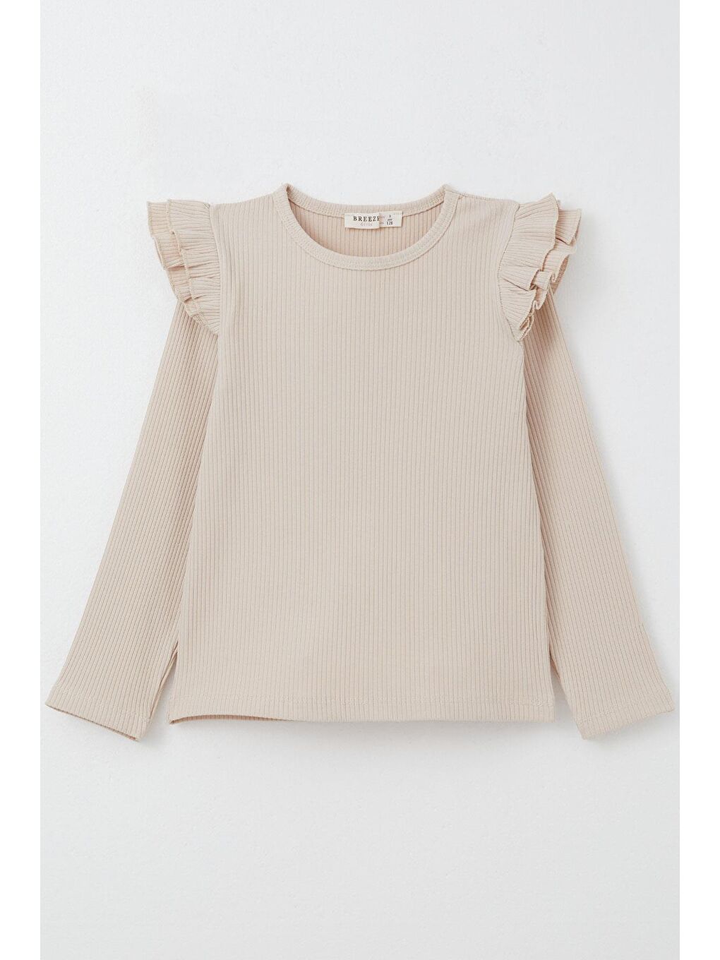 Kız Çocuk Uzun Kollu Tişört Omuzu Fırfırlı Bej (5-9 Yaş)-1