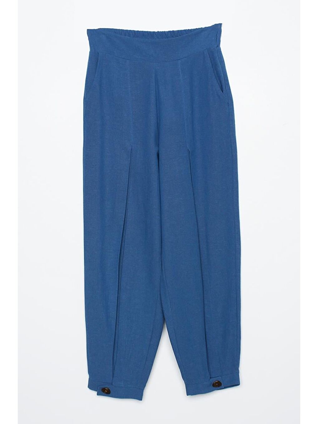 İndigo-Pileli Paçası Düğme Detaylı Pantolon-5