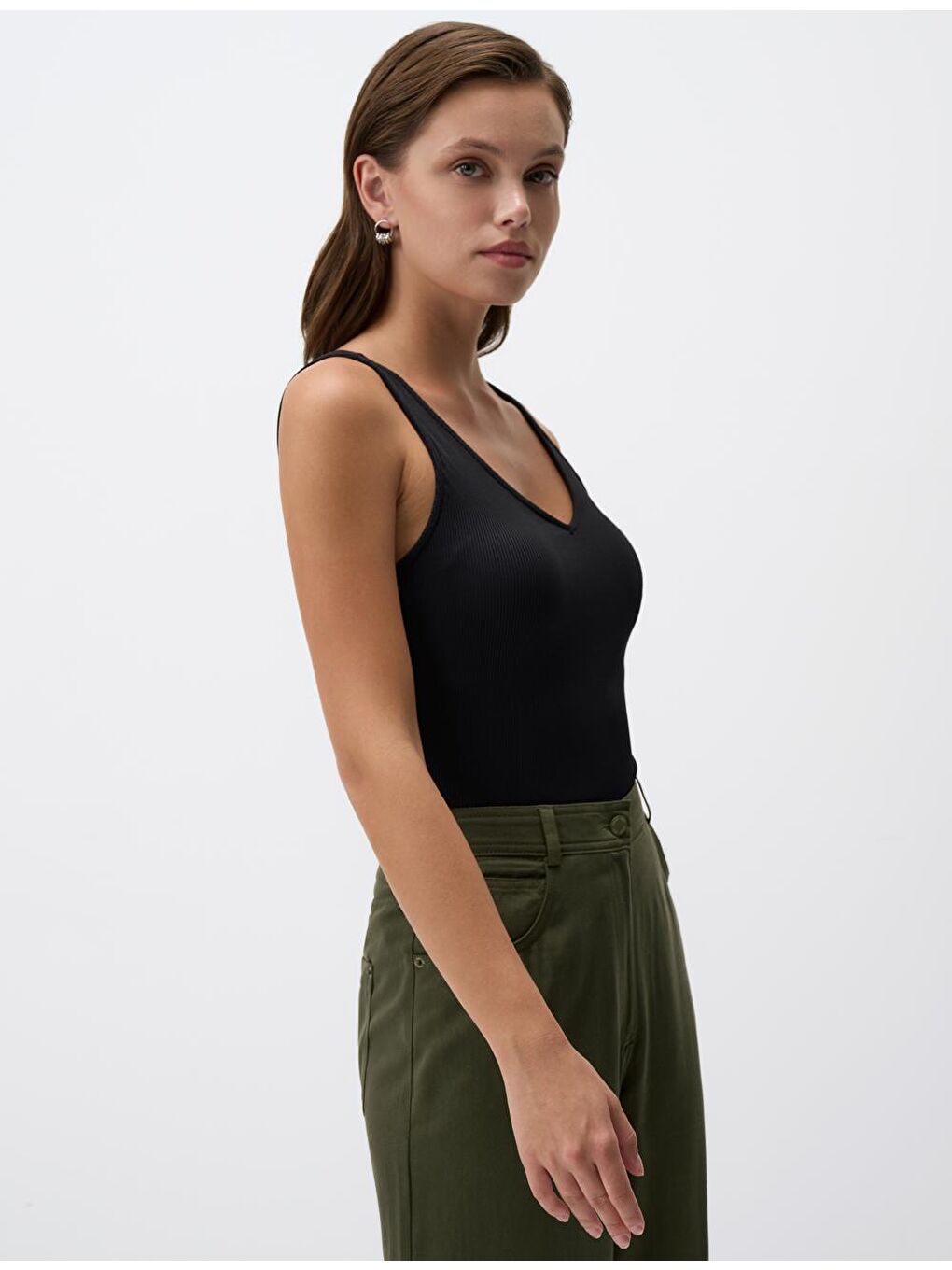 Siyah V Yaka Kolsuz Basic Örme Atlet-3