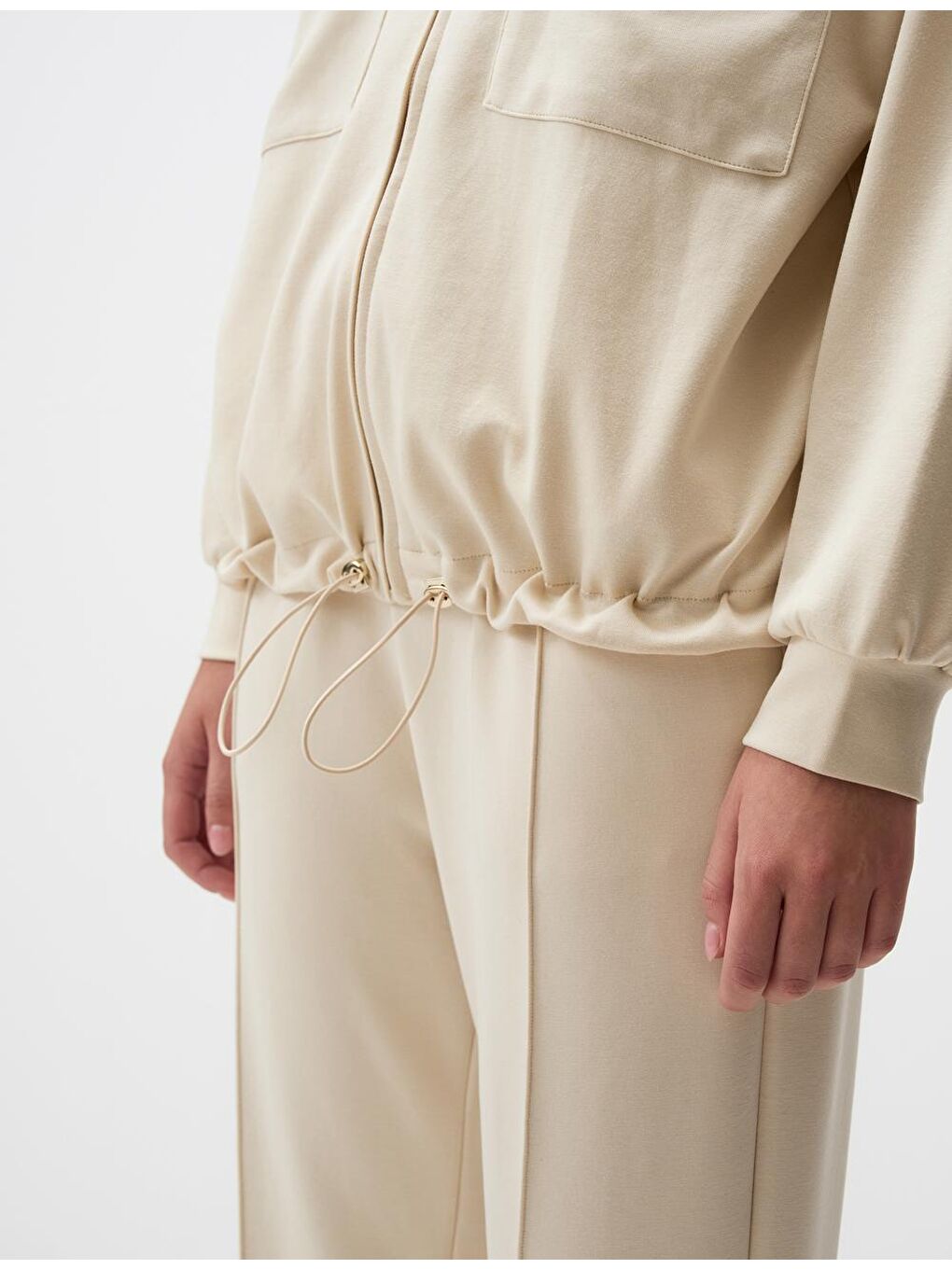 Bej Uzun Kollu Fermuarlı Sweatshırt-5