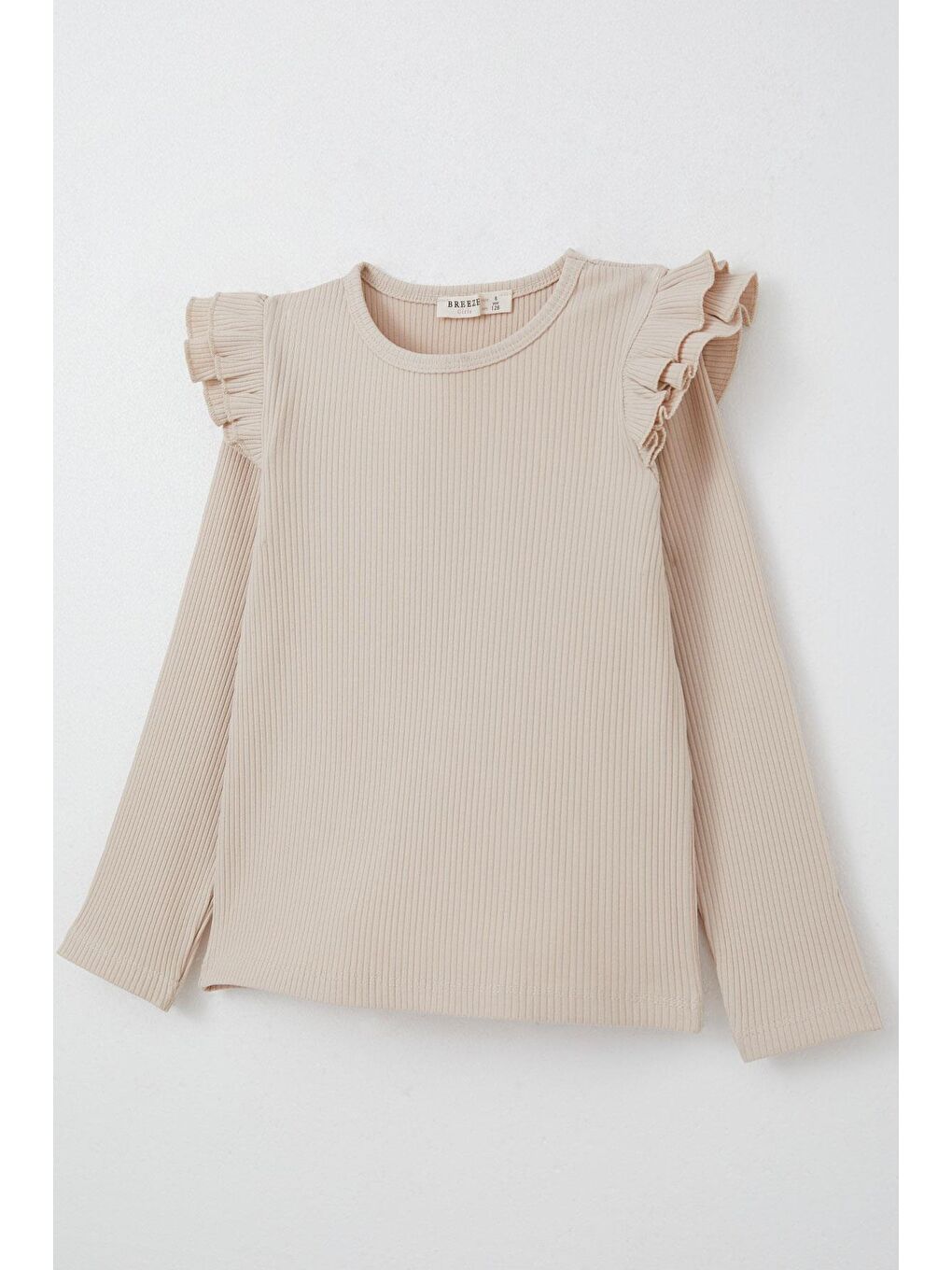 Kız Çocuk Uzun Kollu Tişört Omuzu Fırfırlı Bej (5-9 Yaş)-3