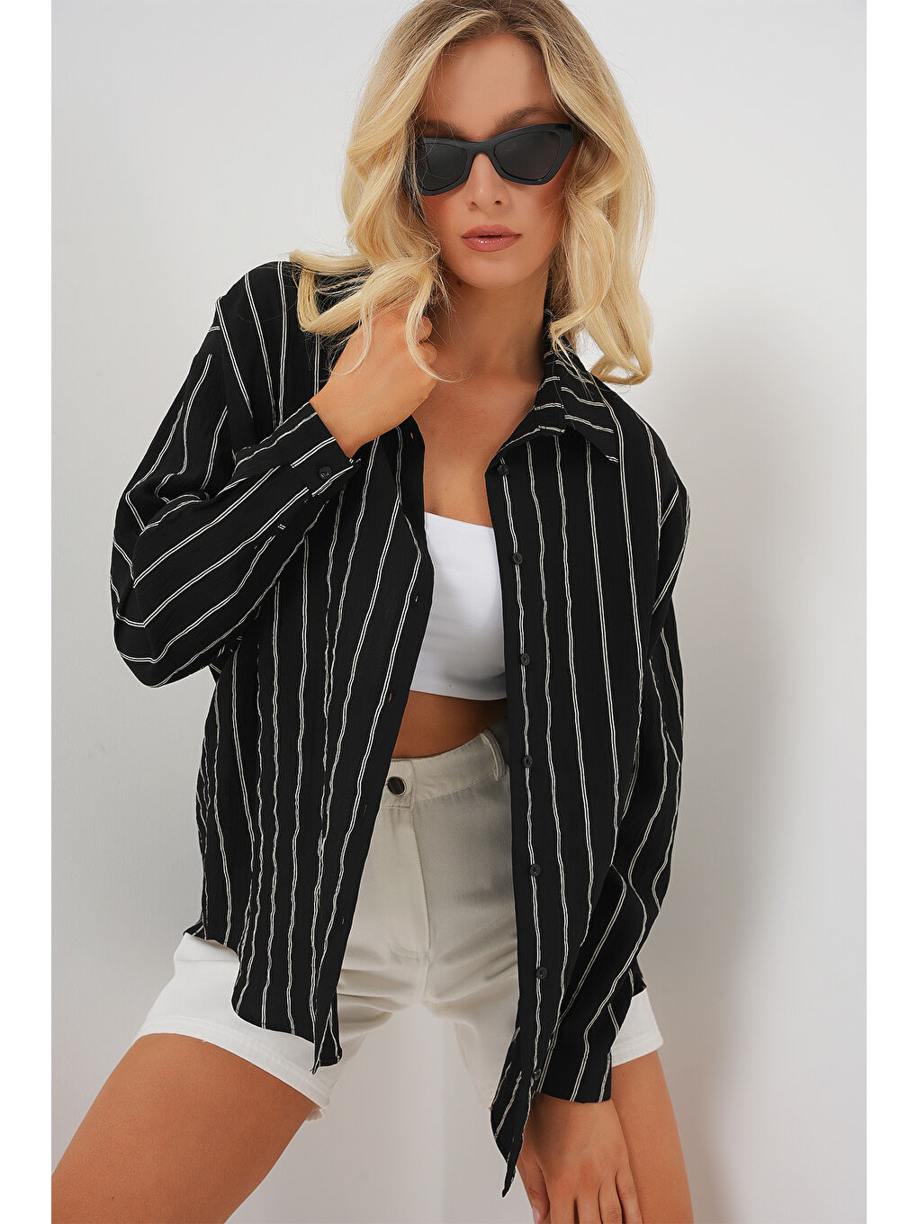 3900 Oversize Uzun Basic Gömlek - C. Siyah-3