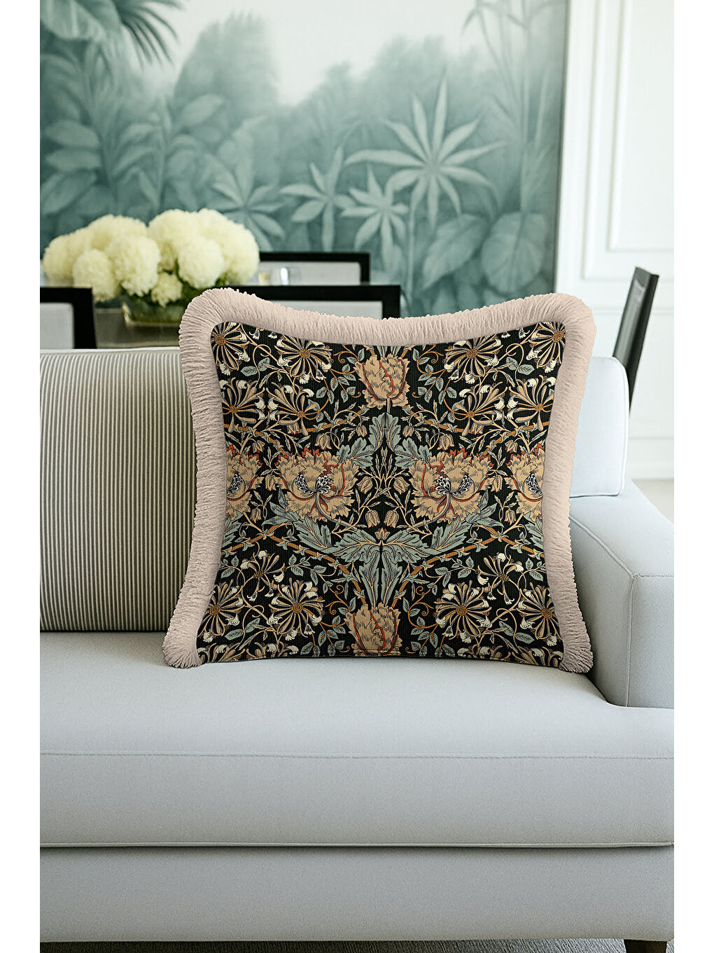Karışık Barok Çiçekli Saçaklı Yastık Kılıfı - Klasik Rustik Siyah Yeşil Altın Renkli Püsküllü Kırlent Kılıfı-1